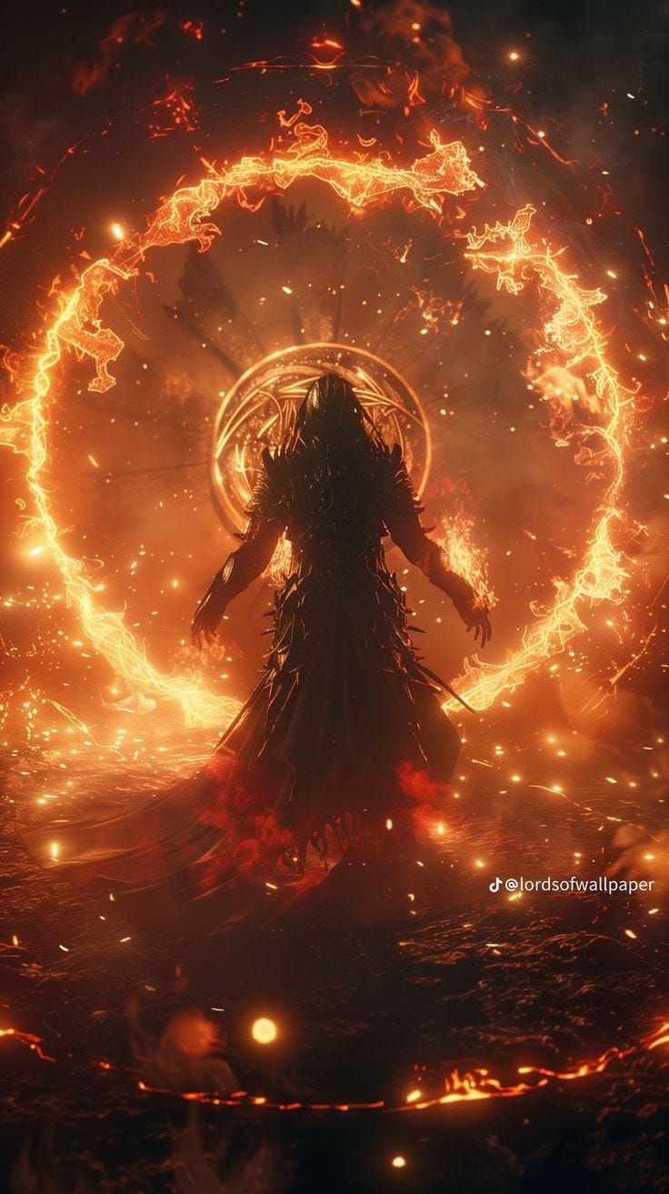 This may contain: a woman standing in front of a circle of fire