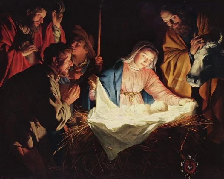 A painting of a person and person in a manger

Description automatically generated