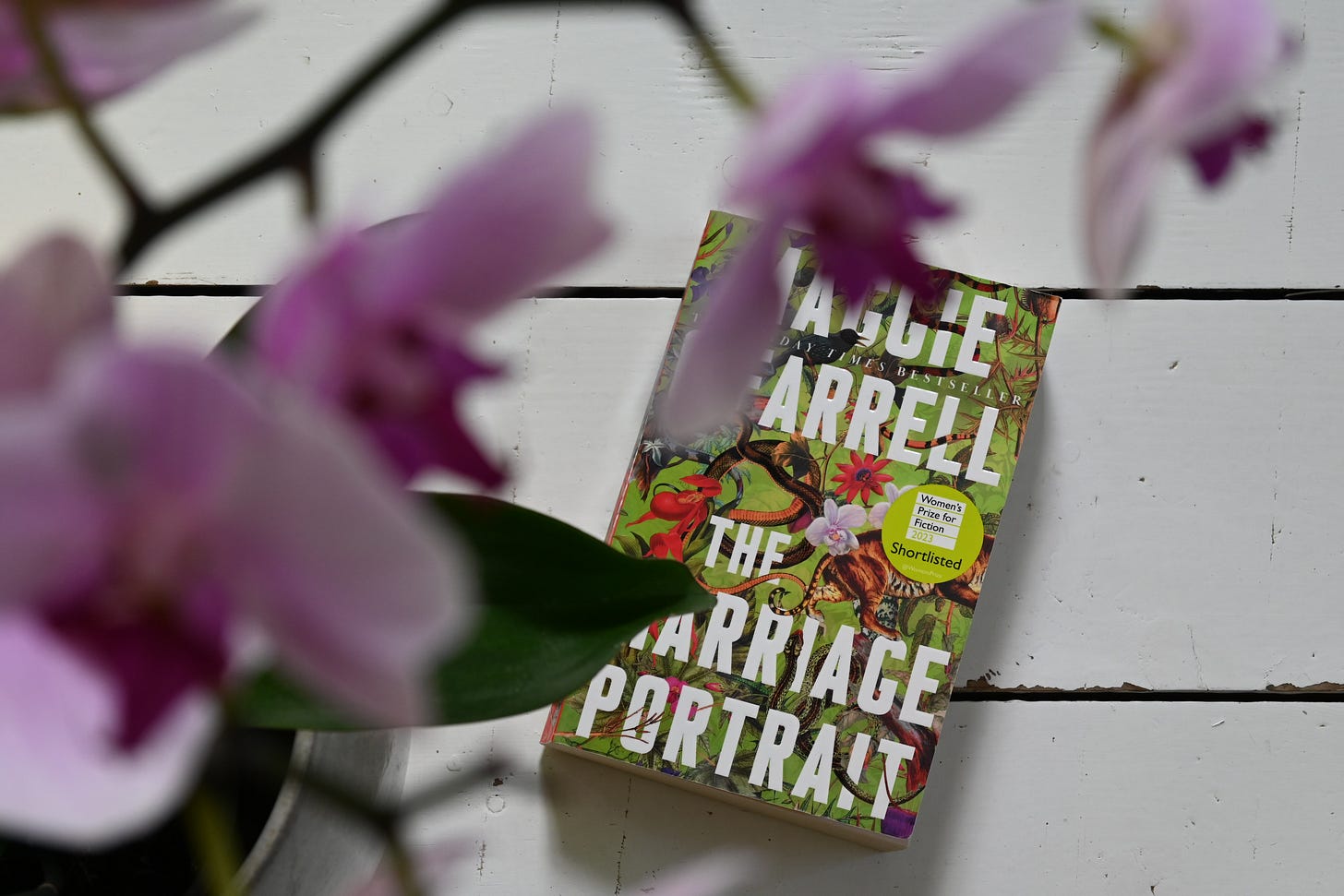 Sanjida's copy of The Marriage Portrait, a novel by Maggie O'Farrell, photographed against white wooden floorboards with a pink orchid in the foreground