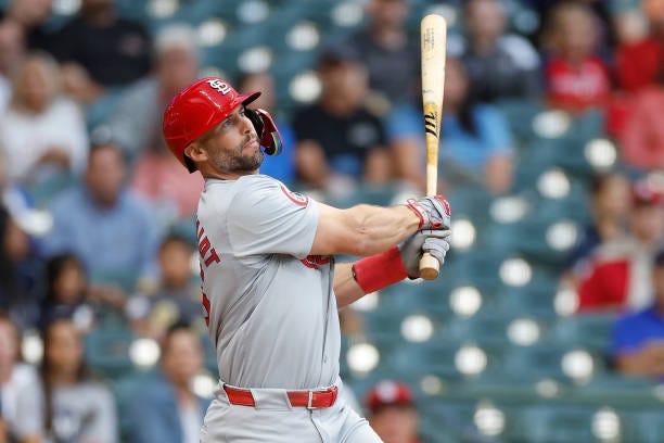 Paul Goldschmidt of the St. Louis Cardinals hits a run scoring double in the first inning against the Milwaukee Brewers at American Family Field on...