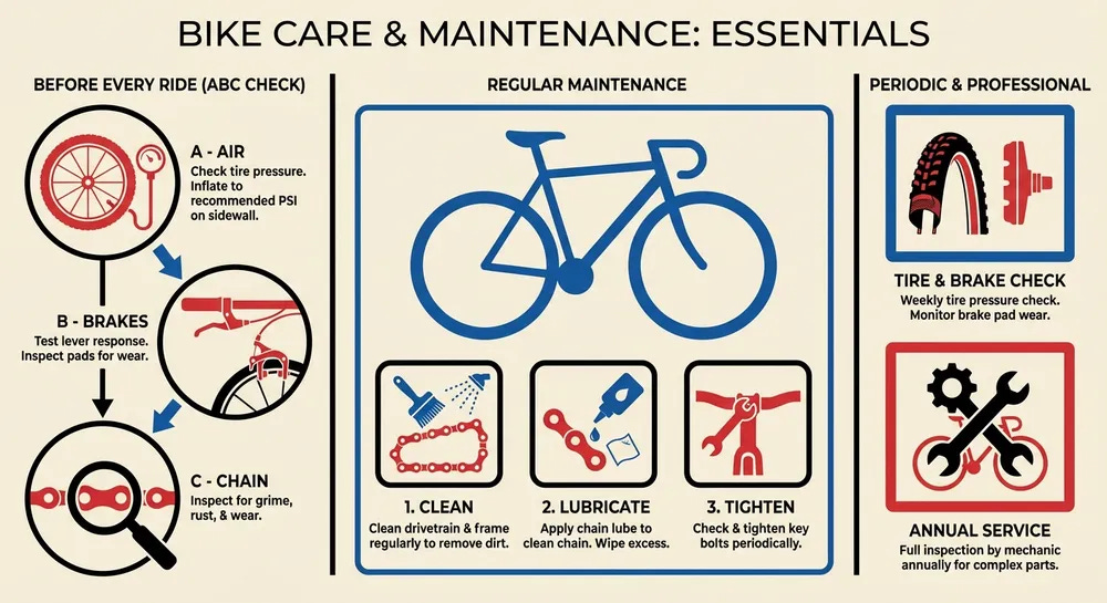 An infographic for bike care and maintenance essentials built with a simple text prompt using AI