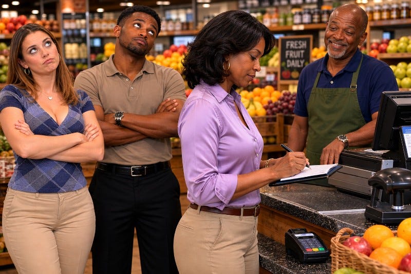 Woman stands at checkout lane and balances her checkbook register while two impatient customers look on. The cashier looks amused.