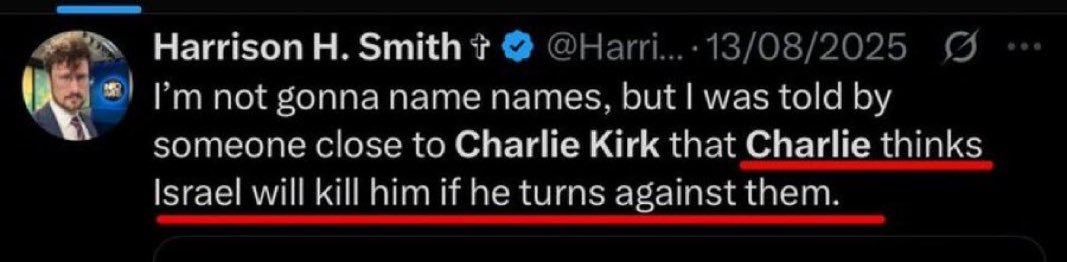  A pre-assassination warning from Harrison H. Smith reported that someone close to Kirk believed Charlie feared Israel would kill him if he turned against them.