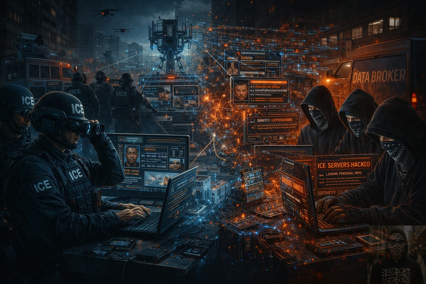 Cinematic, ultra-realistic image depicting an intense cyber confrontation in a modern city. Federal agents operate surveillance systems and data terminals on one side, while masked hacktivists conduct coordinated cyber intrusions on the other. Streams of digital data, breached networks, and exposed profiles intersect over urban infrastructure, showing how escalating surveillance and hacktivism collide—placing civilians and shared digital systems in the center of the conflict.