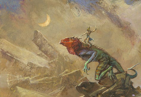 LEFT: Paint marks on palette paper that inspired LEAPIN' LIZARD. The largest splotch is brown which eventually became the body, back legs, and tail. The adjacent red suggested the colorful head of the lizard. The white extending down on a diagonal is roughly claw shaped and became the fore limbs. CENTER: Work-in-progress photo of LEAPIN' LIZARD. The lizard and rider are more roughly rendered. The right forelimb of the creature is not yet present. The background is roughly sketched but not yet complete in the composition of rocks that frame the action. The sky has a streak of blue that isn't present in the final painting. RIGHT: Detail from LEAPIN' LIZARD featuring a warrior in winged helm and flowing loin cloth standing on the back of a giant lizard poised to leap.