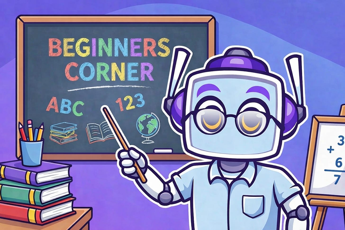 Cartoon-style illustration of a friendly robot teacher with round glasses and purple headphones pointing at a chalkboard labeled “Beginners Corner.” The board displays colorful “ABC” and “123” text with small drawings of books and a globe. A stack of books and a cup of pencils sit on a desk to the left, and a small whiteboard with a simple math problem is visible on the right against a purple gradient classroom background.
