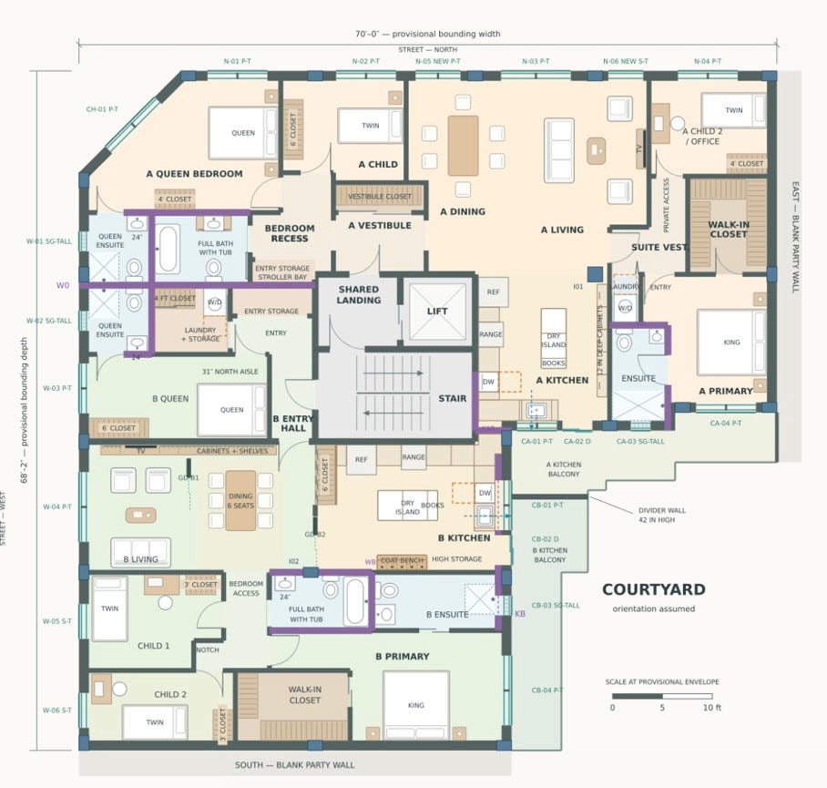 Detailed illustrative plan of two four-bedroom corner apartments, with shared stairs and lift, entry vestibules, kitchens and dining rooms, private bedrooms, and balconies along the courtyard edge. Streets face north and west; room labels and dimensions are provisional.