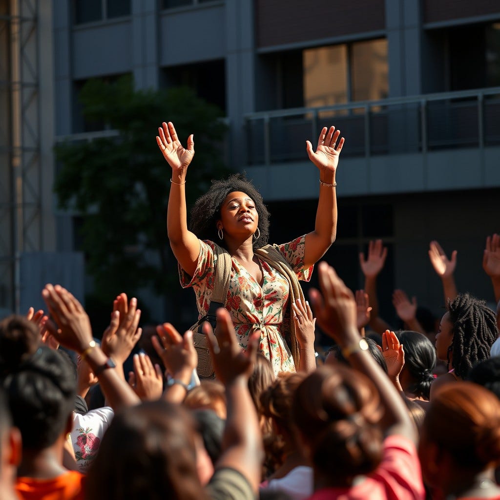 Provide me a realistic image of an African American woman standing on a platform with her hands lifted in surrender of women listening. The crowd is women of all ages and wearing urban wear, hair not wrapped. in the summer time hands lifted in praise