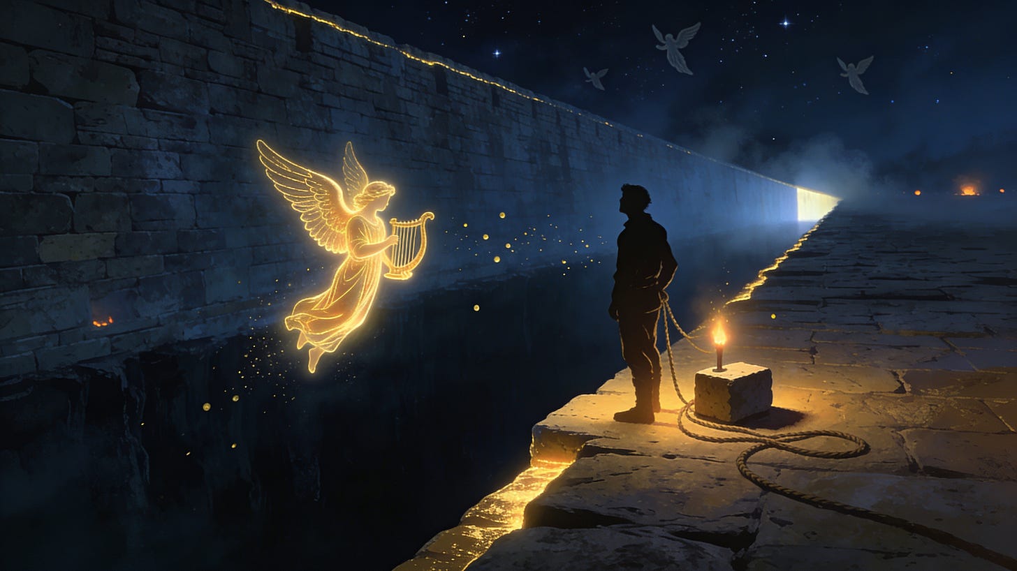  At the edge of a colossal wall over a dark abyss, a builder has paused and set down his rope. A luminous gold angel hovers close beside him over the void, holding a harp, not touching him, simply present.