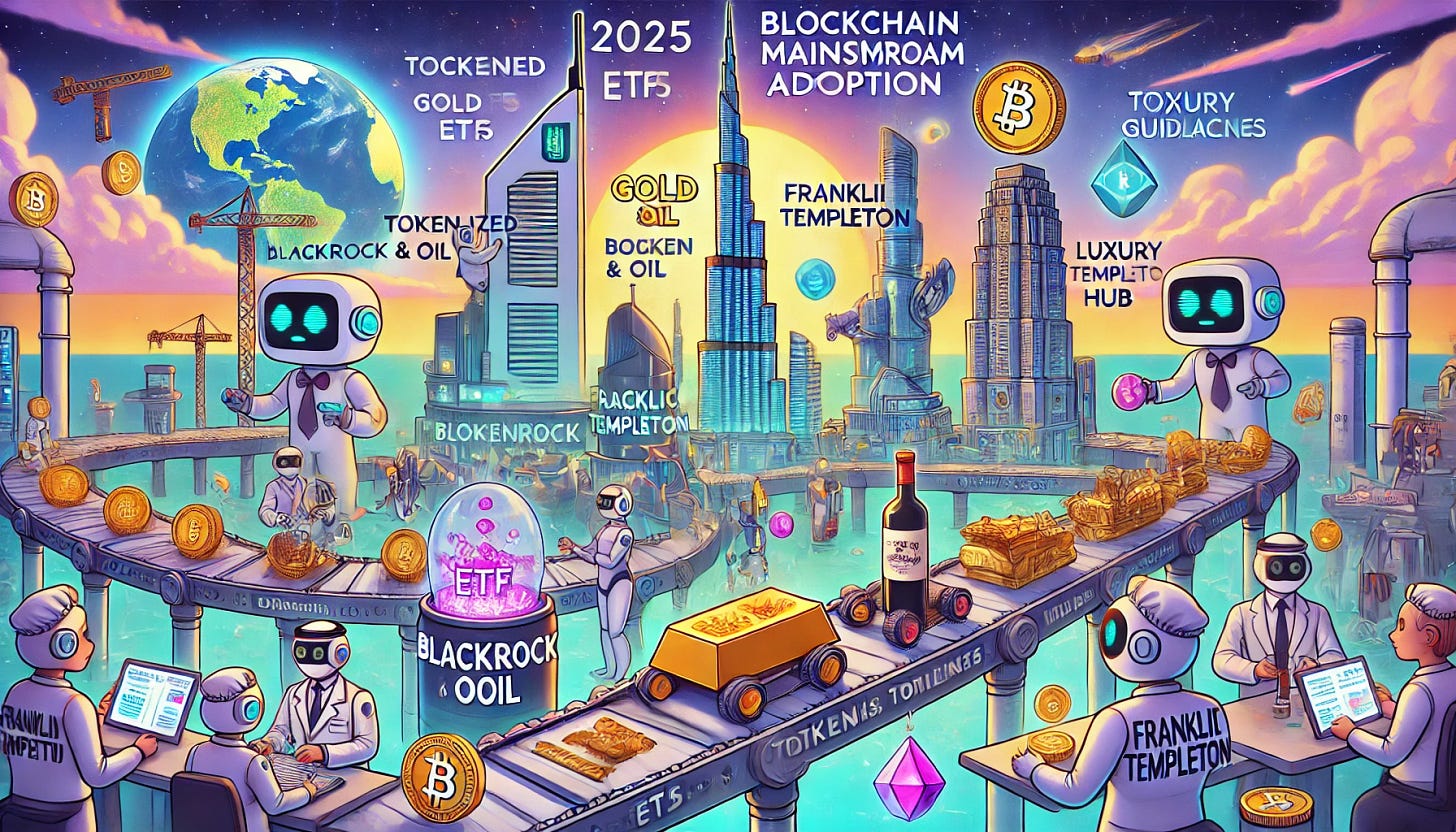 A cartoonish illustration for 2025 predictions on blockchain mainstream adoption. Depict tokenized gold and oil ETFs floating on a blockchain conveyor belt labeled 'BlackRock' and 'Franklin Templeton.' Show futuristic skyscrapers in Dubai, Miami, and Los Angeles with tokens of real estate floating around them. Add luxury assets like wine bottles, artwork, and luxury goods being split into digital pieces, with a label 'Tokenization Hub.' AI robots are interacting with blockchain smart contracts, and regulators are portrayed as characters reviewing guidelines, with a global map in the background. Vibrant, playful, and animated style.