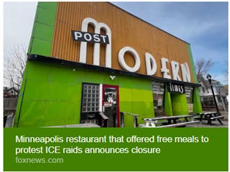 A Minneapolis restaurant named ODEKA announced closure due to offering free meals during ICE raids. AI-generated content may be incorrect.
