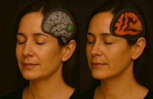 A 'Genius Club' Facebook post declaring 'Elevated Brain activity in ChatGPT users', with an image of the same woman, doubled, side by side, with a section missing from her skull to reveal the brain underneath.
The 'ChatGPT user' has a healthy-looking grey brain (but with several evenly-spaced holes in it, for some reason) with a glowing green blob around the junction between the occipital and temporal lobes.
The 'non-ChatGPT user' seems to have a red coloured brain presented in lower resolution, with massively enlarged ventricles more typically seen in advanced dementia or other global neurodegenerative conditions, with a subtler green blob in the same place. A 'Genius Club' Facebook post declaring 'Elevated Brain activity in ChatGPT users', with an image of the same woman, doubled, side by side, with a section missing from her skull to reveal the brain underneath.
The 'ChatGPT user' has a healthy-looking grey brain (but with several evenly-spaced holes in it, for some reason) with a glowing green blob around the junction between the occipital and temporal lobes.
The 'non-ChatGPT user' seems to have a red coloured brain presented in lower resolution, with massively enlarged ventricles more typically seen in advanced dementia or other global neurodegenerative conditions, with a subtler green blob in the same place.