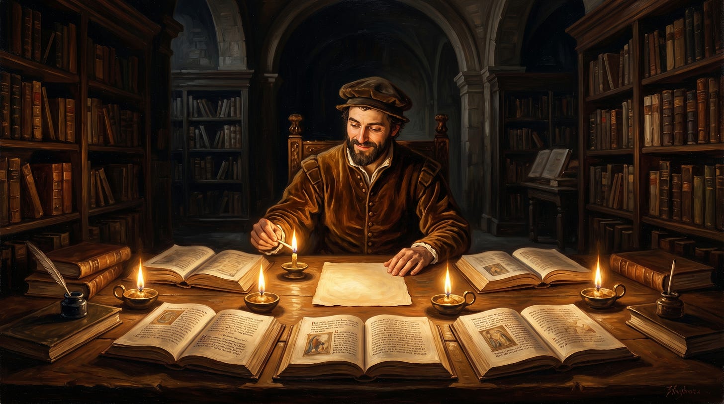 Candlelit scholar studying source material in a library, a metaphor for AI context management