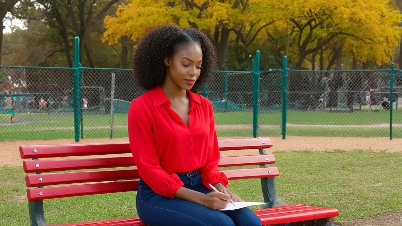 African American woman sitting in the park on the bench in front of a playground in the fall writing a letter with pretty color red blouse on