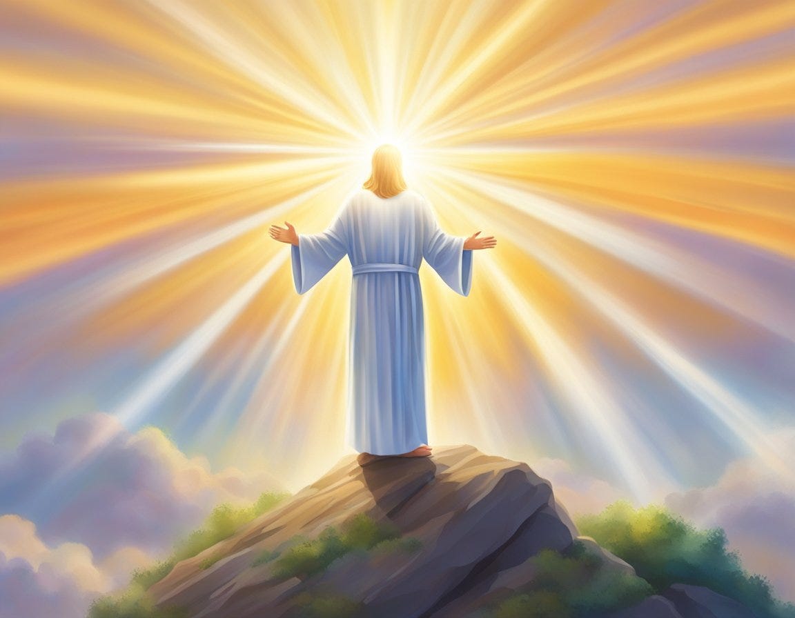 A radiant beam of light shining down on a figure, surrounded by a sense of peace and love, symbolizing God's view of us through the grace of Christ