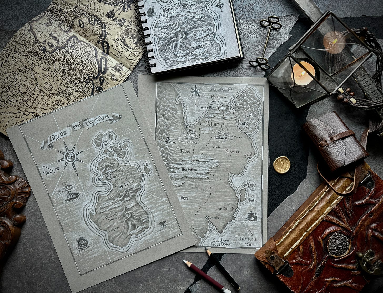 Myris Dar and Eryos, the new maps for The Messenger From Myris Dar, Book One of The Stone Guardians, by Kindrie Grove