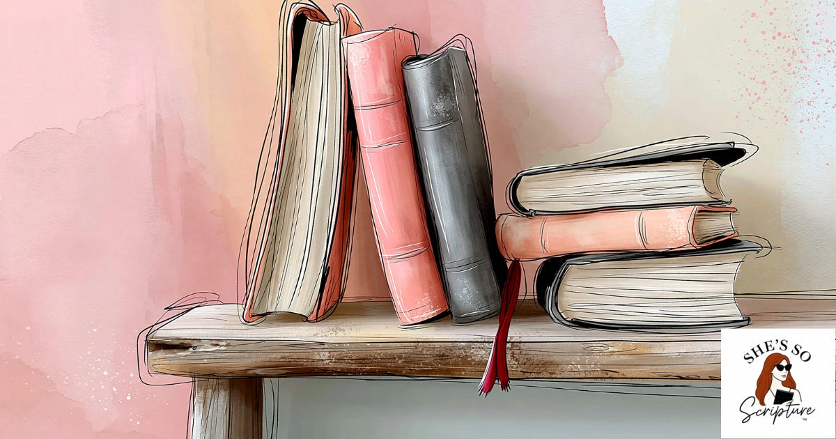 Illustrated pair of ancient books leaning against each other on a wooden shelf in warm blush pink and cream watercolor tones Illustrated pair of ancient books leaning against each other on a wooden shelf in warm blush pink and cream watercolor tones