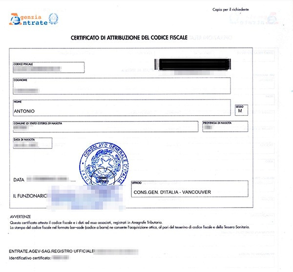 Codice fiscale certificate