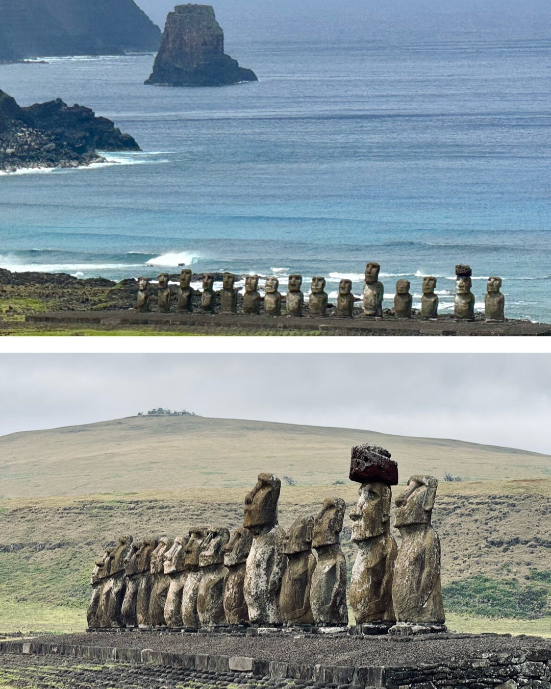 Dos fotos de la plataforma de Ahu Tongariki y sus 15 moai, una está tomada de lejos y se ve el mar de fondo, la otra tiene una perspectiva más limitada. Fotos propias.