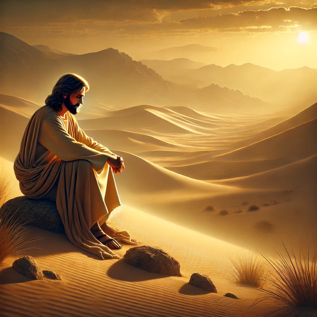 A serene and spiritual depiction of Jesus Christ in the desert during His 40-day fast. The scene is tranquil, with soft golden light illuminating the arid landscape. Jesus is sitting on a rock, deep in prayer, with a contemplative expression on His face. The background features rolling dunes and a vast sky, symbolizing solitude and spiritual retreat. The composition evokes a sense of inner strength and divine guidance, emphasizing the theme of Lent and purification.