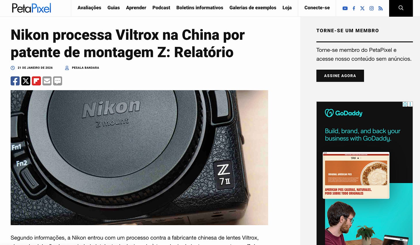 Imagem da petapixel cometando sobre o processo da Nikon contra a Viltrox na China