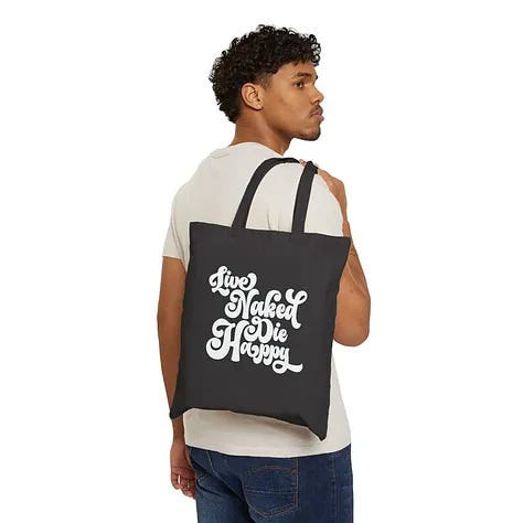 Three product images of a black tote bag with bold white text that reads “Live Naked Die Happy.” The first image shows the bag against a white background. The second shows a man casually carrying the bag over his shoulder. The third shows the bag hanging from a hand by its handles.