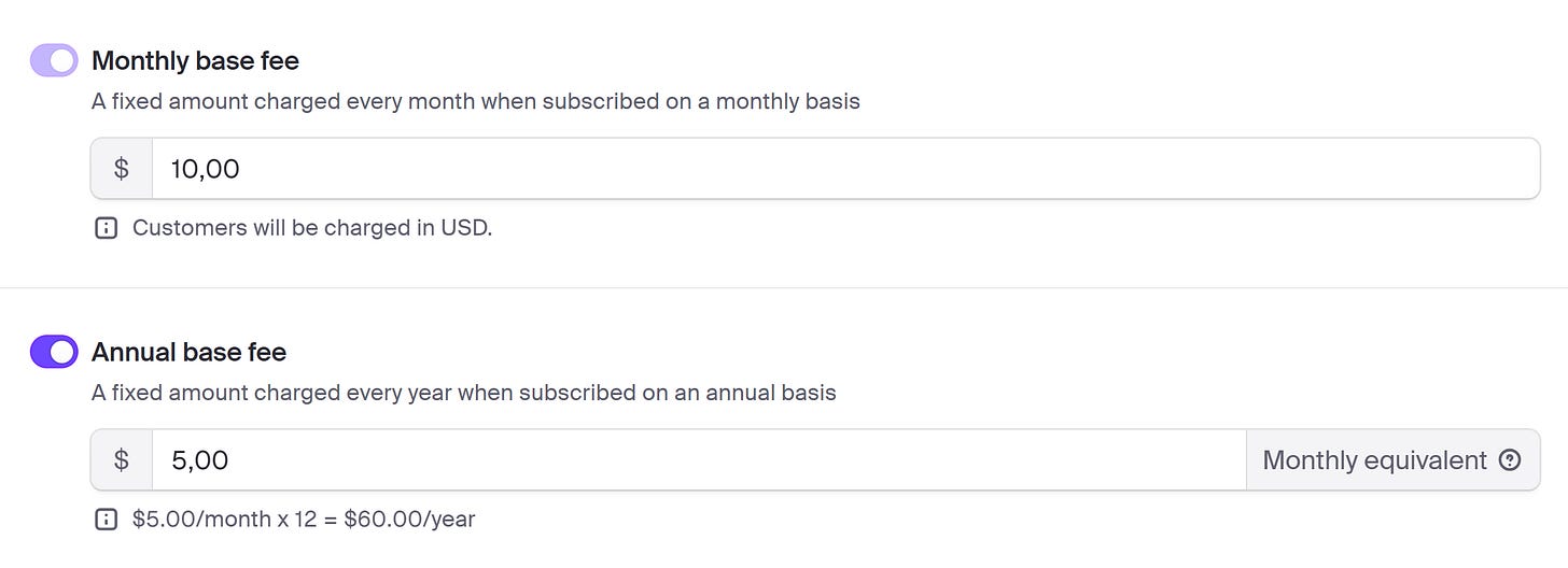 Clerk - For each plan you can configure monthly base fee (e.g., $5) and annual base fee Clerk - For each plan you can configure monthly base fee (e.g., $5) and annual base fee