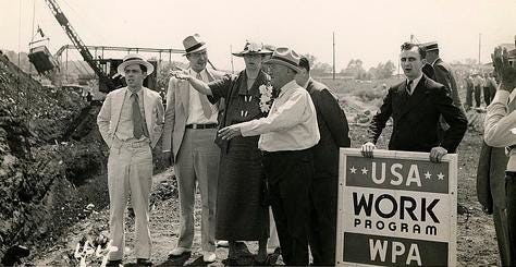 Eleanor Roosevelt in Des Moines, Iowa talking with a project superintendent about a WPA project to convert a city dump into a water front park. June 8, 1936.