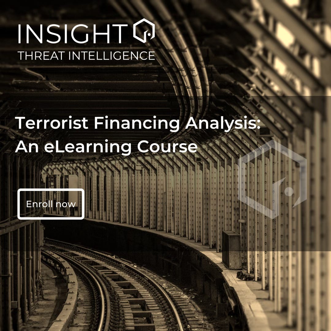 A graphic promoting the terrorist financing analysis course. It shows a traintrack on a bridge. 