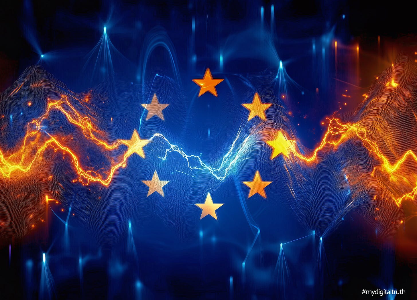 European Union flag with a stylised photograph of an audio waveform.