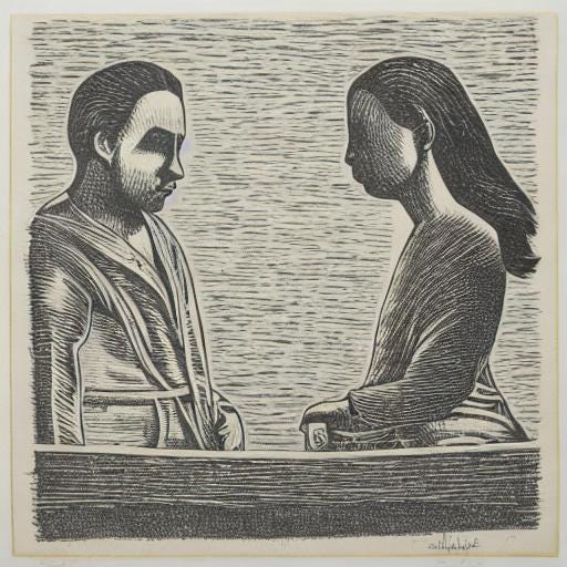 AI-generated image of two people facing each other while talking.