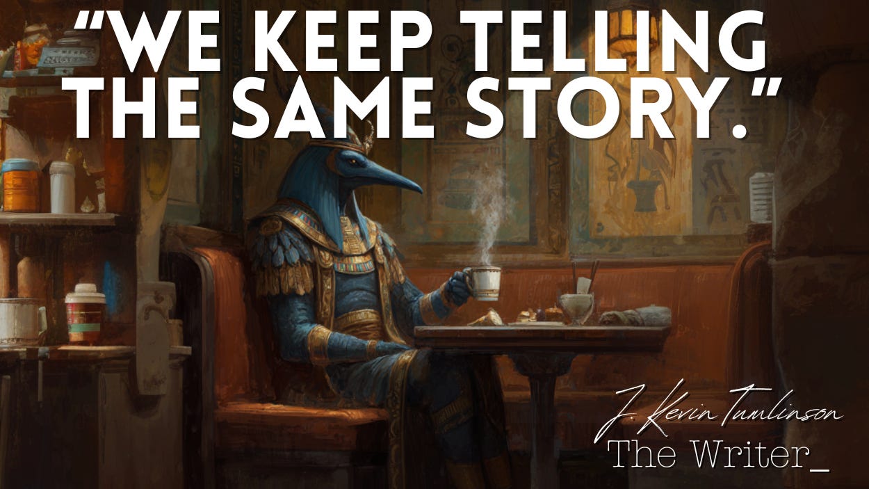 The Egyptian god Thoth sitting in a coffee shop and enjoying a latte.