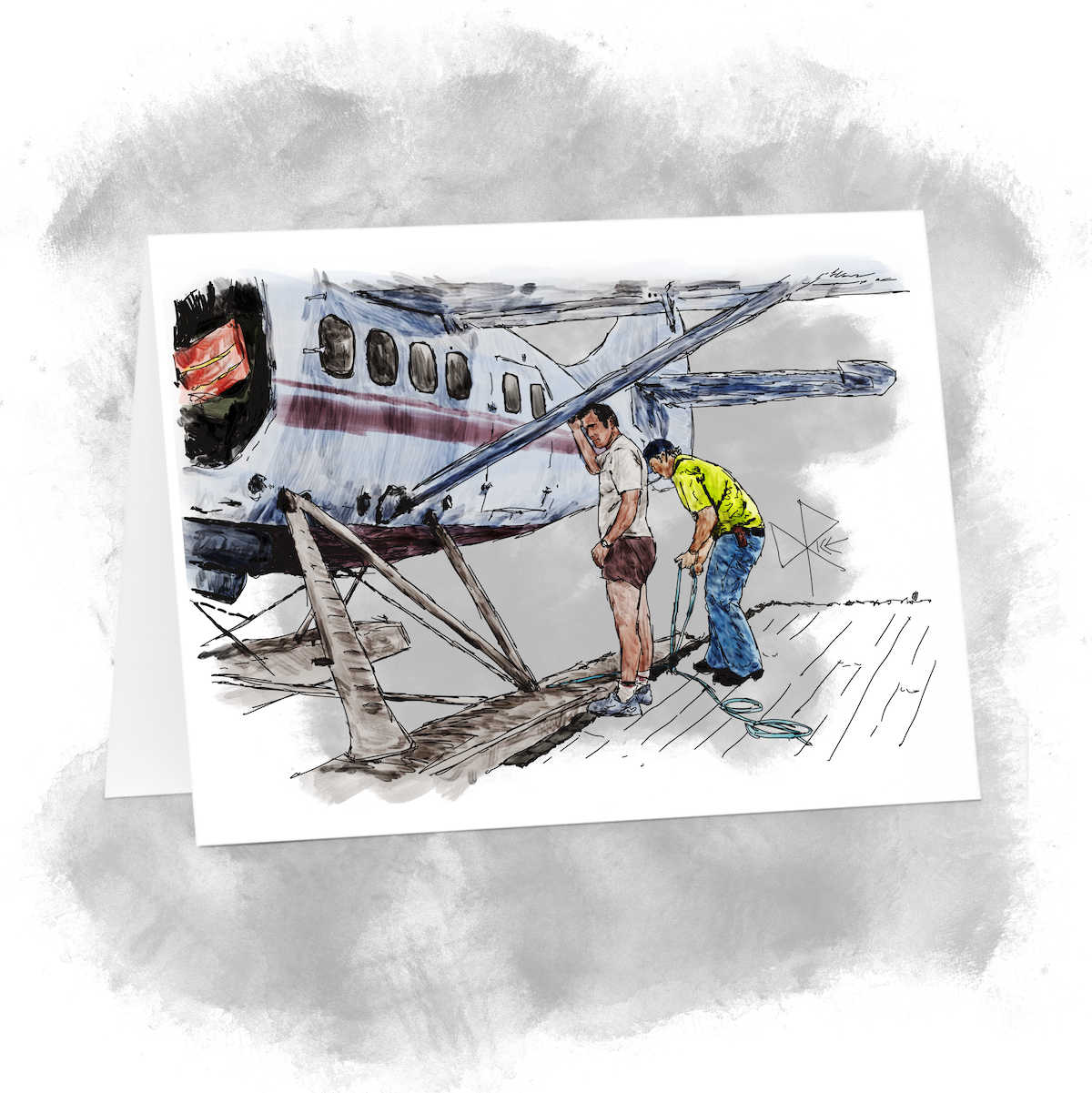 Securing a Float Plane to a Dock #smallthingslinkedtogether #strivetobeofvalue #expolredeep Two pilots secure the de Havilland DHC-3 Otter floatplane to the dock of a Northern Manitoba fishing camp. Sketch art by Don Rice.
