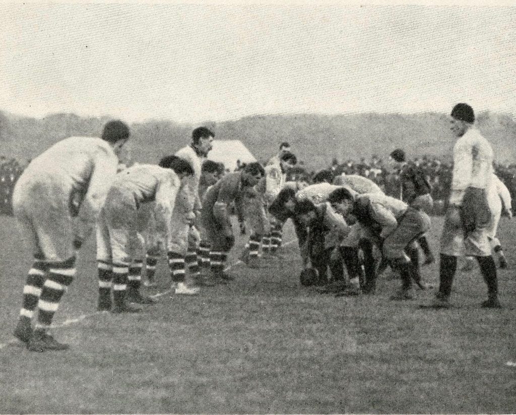 The alignment in Canadian rugby was more like football than rugby. Play started when the center pushed the ball back to the quarterback using his foot, as occurs in a rugby scrum. The alignment in Canadian rugby was more like football than rugby. Play started when the center pushed the ball back to the quarterback using his foot, as occurs in a rugby scrum.