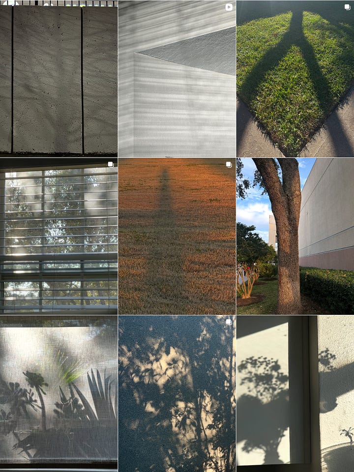 on the left, a grid of pictures full of sun and shadows during the day. on the right, darker themed pictures of shadows in the night