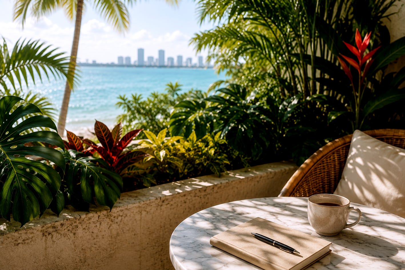 A sunlit tropical balcony overlooking turquoise water, with lush Miami-style plants surrounding a marble café table. A closed notebook with a pen resting on top sits beside a ceramic coffee mug, suggesting a quiet morning of reflection and writing. A sunlit tropical balcony overlooking turquoise water, with lush Miami-style plants surrounding a marble café table. A closed notebook with a pen resting on top sits beside a ceramic coffee mug, suggesting a quiet morning of reflection and writing.