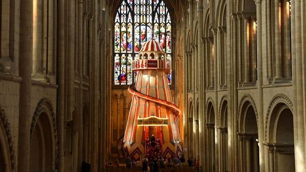 A large helter-skelter is installed inside Norwich Cathedral, in Norwich, England as part of the 'Seeing It Differently' project which aims to give people the chance to experience the Cathedral in an entirely new way and open up conversations about faith, Thursday Aug. 8, 2019. 