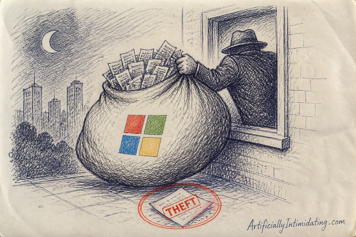 Hand-drawn sketch of a burglar hauling a bulging sack stamped with the Microsoft logo, overflowing with newspaper clippings, out a window at night, with a dropped memo stamped THEFT on the ground.