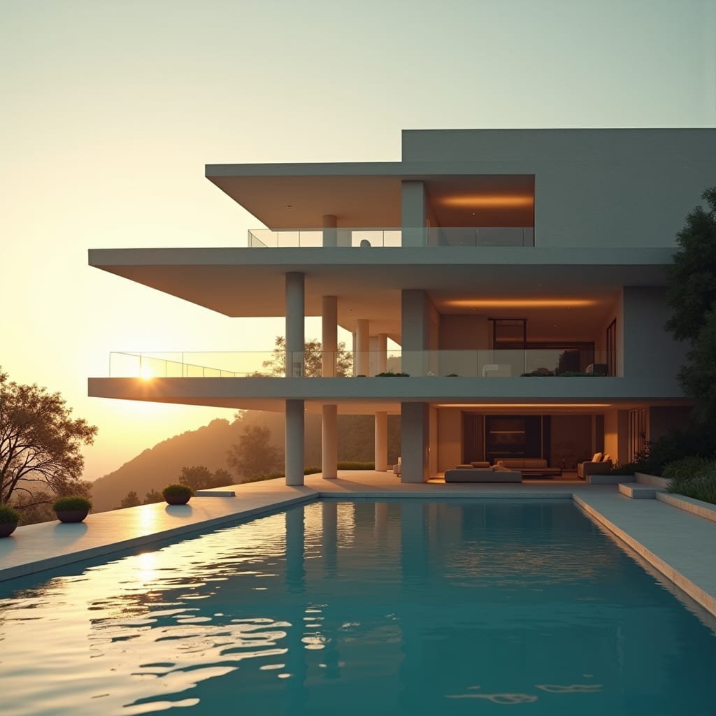 Majestic 6-story modern house with a dramatic Parapet gable roof, elevated on slender columns, with a sparkling swimming pool shimmering beneath the structure, as if floating on water. Majestic 6-story modern house with a dramatic Parapet gable roof, elevated on slender columns, with a sparkling swimming pool shimmering beneath the structure, as if floating on water.