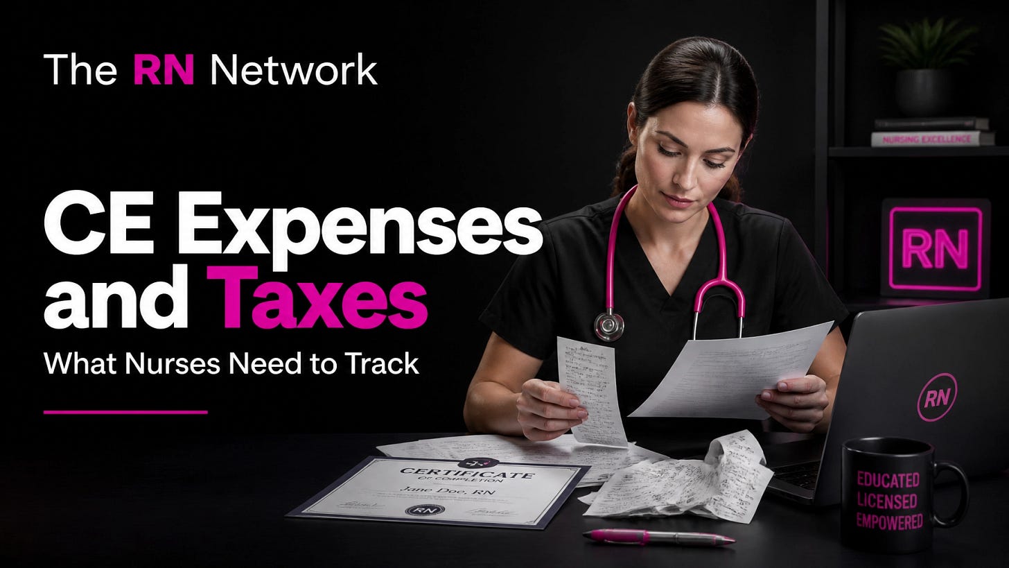 Real nurse in pink scrubs reviewing CE receipts and tax documents at a dark modern desk with RN Network branding