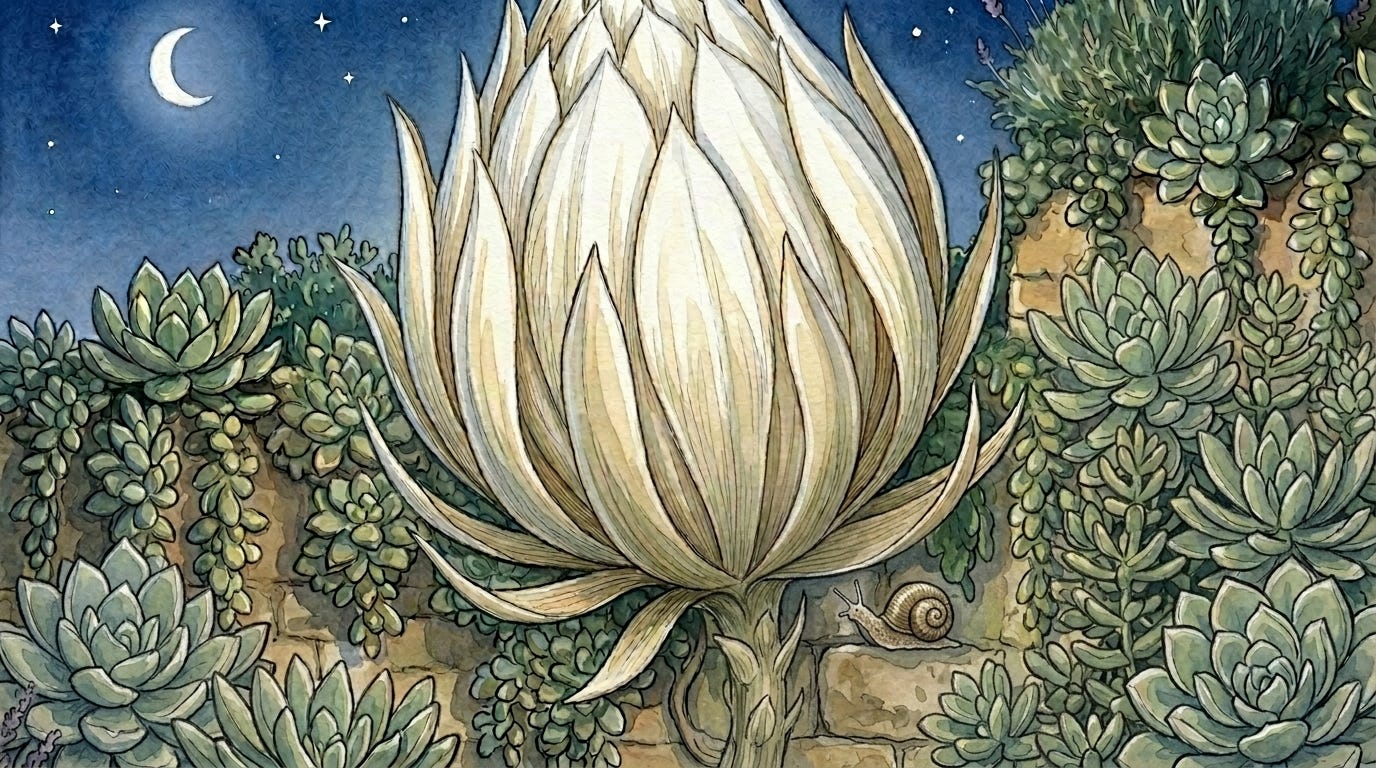 A small garden snail rests beside a closed night-flower in a quiet Spanish village — Prince Freddie sleep story scene.
