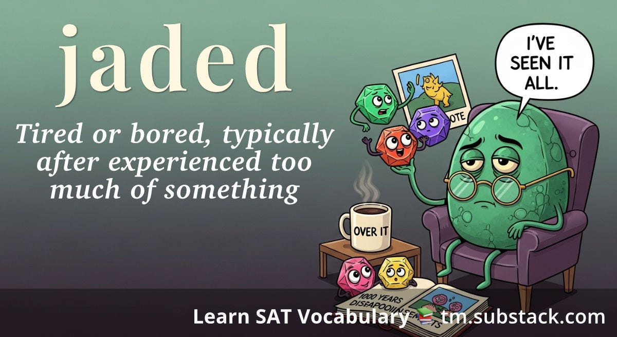 A cartoon piece of jade with tired half-lidded eyes sits in a purple armchair wearing reading glasses, holding a coffee mug labeled OVER IT, with a speech bubble containing the words I'VE SEEN IT ALL. Around the jade are younger, enthusiastic colored gemstones showing excitement, while a photo album labeled 1000 YEARS OF DISAPPOINTMENTS lies open on the floor. The jade's weary, cynical expression contrasts sharply with the energetic gems around it. Positioned on the right side against a sage green background; used to illustrate the SAT word 'jaded'.