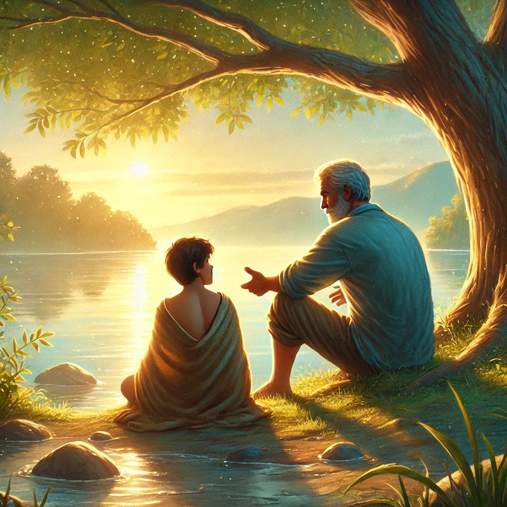 A serene, reflective illustration of an older man (around 50 years old) and his younger self (around 20 years old) sitting together in nature, perhaps beside a calm lake or under a tree. The older man shares wisdom, and the younger listens thoughtfully. The surroundings include soft sunlight, gentle water, and lush greenery, creating a contemplative and peaceful atmosphere. The style should remain consistent with previous images, conveying warmth, introspection, and personal growth.