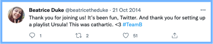 Thank you for joining us! It's been fun, Twitter. And thank you for setting up a playlist Ursula! This was carthatic. <3 #TeamB