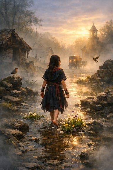 twelve-year-old Arabelle walking through the drowned ruins of Berez, mist curling around her, shallow water and broken stone, plants blooming where her feet touch, birds beginning to sing, fog thinning to reveal first sunlight in years twelve-year-old Arabelle walking through the drowned ruins of Berez, mist curling around her, shallow water and broken stone, plants blooming where her feet touch, birds beginning to sing, fog thinning to reveal first sunlight in years