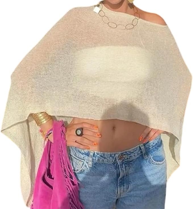 Women Sheer Poncho Top Lightweight Knit Crochet Shrug Bolero Mesh Batwing Sleeve Sweater Cover Up Beachwear