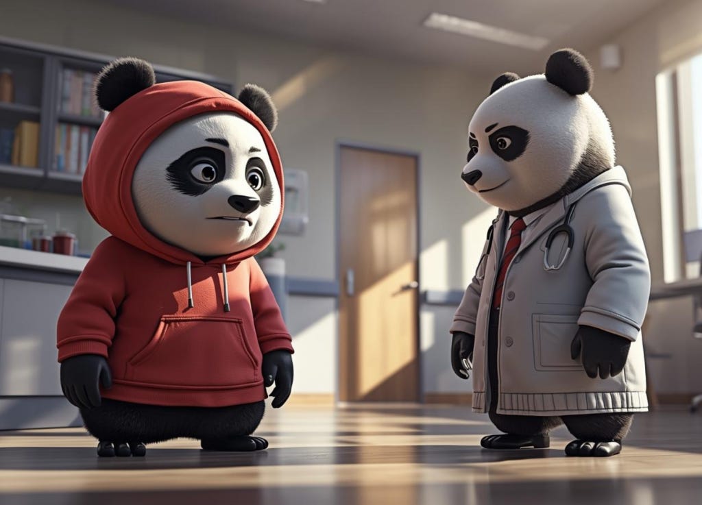 a sad cartoon panda wearing a red hoodie talking to another cartoon panda dressed like a doctor in a cheerful doctor's office
