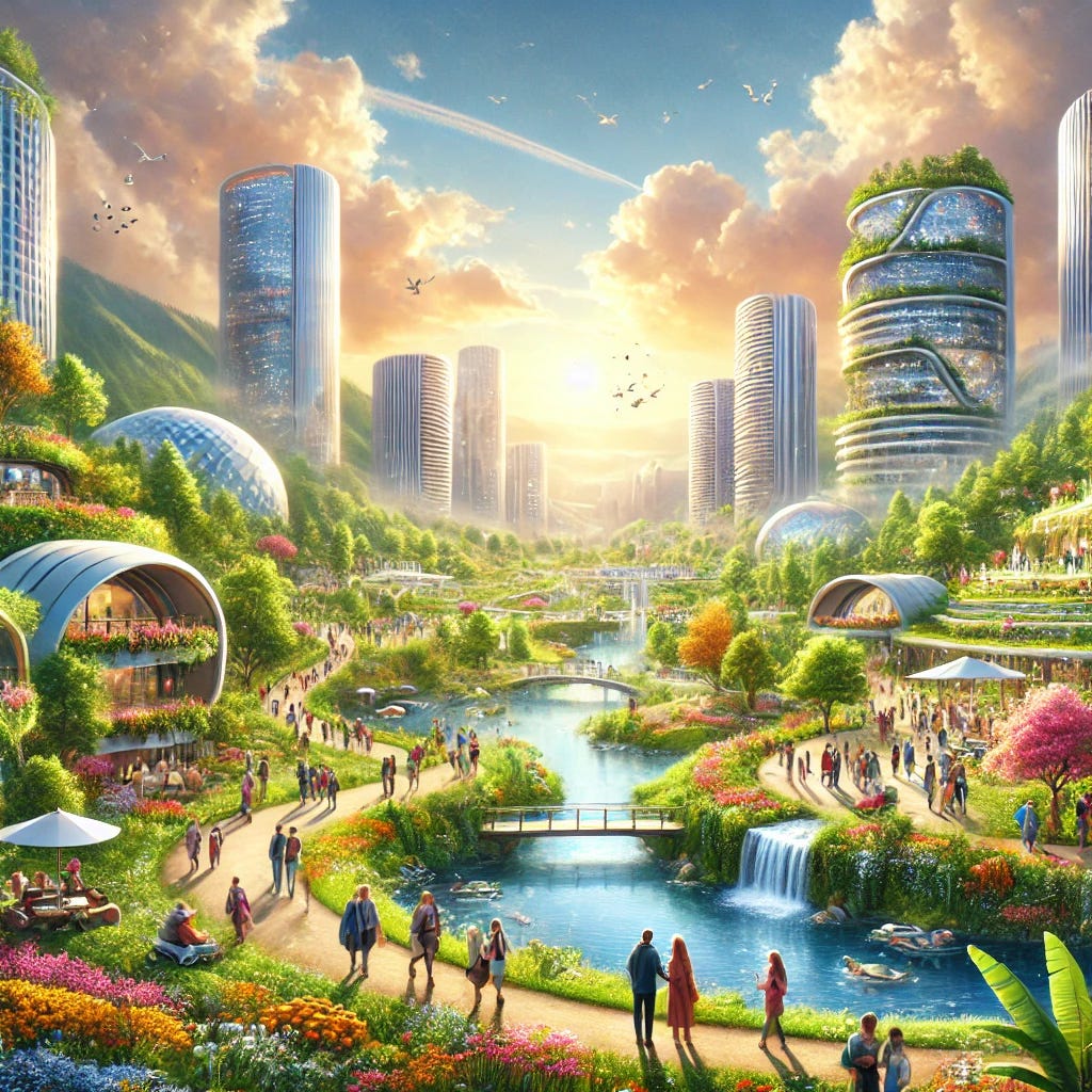A beautiful future world where there is no want, filled with freedom, love, and kindness. The environment is lush and green, with vibrant nature surrounding peaceful cities that blend with the landscape. People are walking freely, helping one another, and sharing moments of joy. Buildings are sleek and modern but harmonise with the natural world, featuring open spaces, gardens, and flowing water. The sky is bright with soft clouds, and there is a sense of peace and serenity in the air. People from all backgrounds are smiling and living in harmony.
