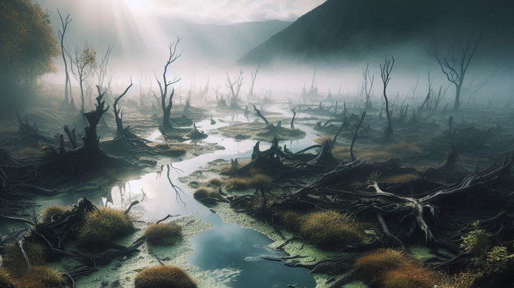 create an image that captures the idea that a river that ceases to flow creates a swamp