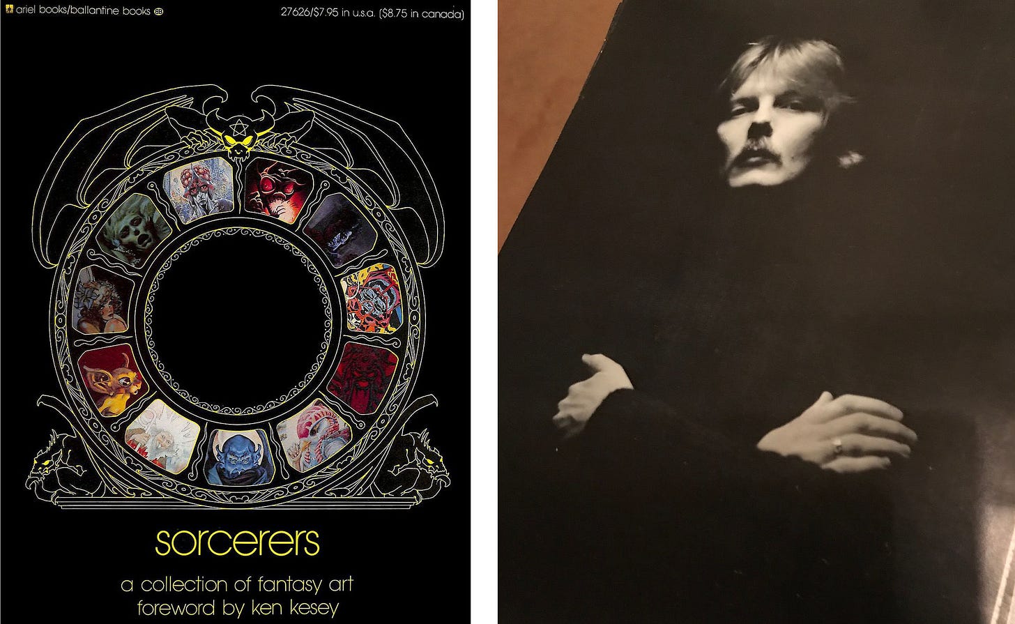 LEFT: Book cover for SORCERERS by Armand Eisen and Bruce Jones. The black cover features the outline of a dragon perched over a wheel compromised of panels of work from different artists. RIGHT: Angled photo of a page from the book featuring a photo of artist Michael Whelan. Wearing black, he stands with his arms crossed, so only his hands and head are visible in contrast to the background and his clothing. 